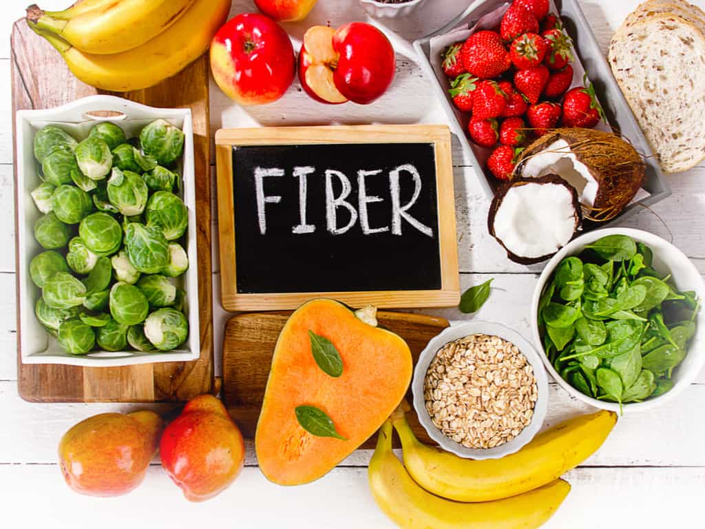 High Fiber Foods on a wooden background. Flat lay